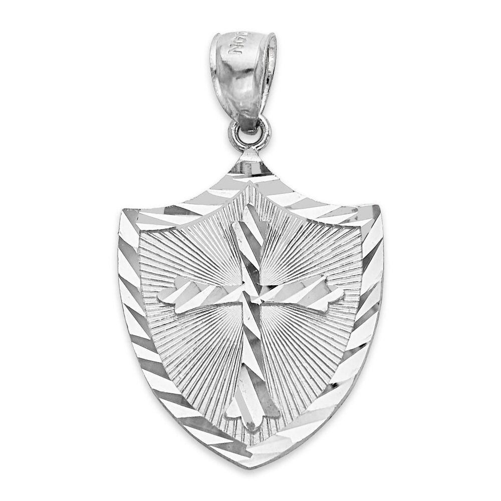 Solid 10k White Gold Cross Shield Pendant - Religious Jewelry Gifts for Women